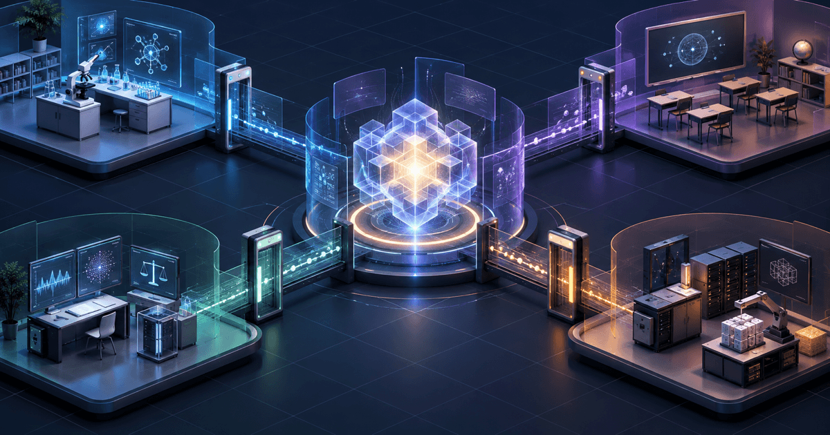 An abstract AI core routes access through luminous permission gates to a research lab, classroom, evaluation station, and deployment workspace.