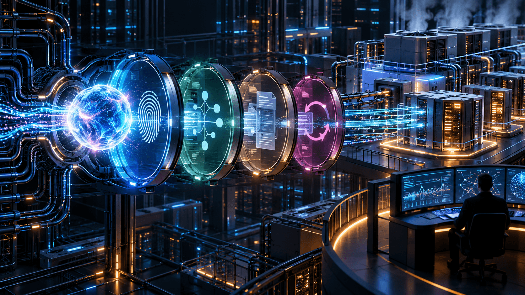 A luminous AI agent core passes through identity, policy, audit, and rollback gates into a monitored production system.