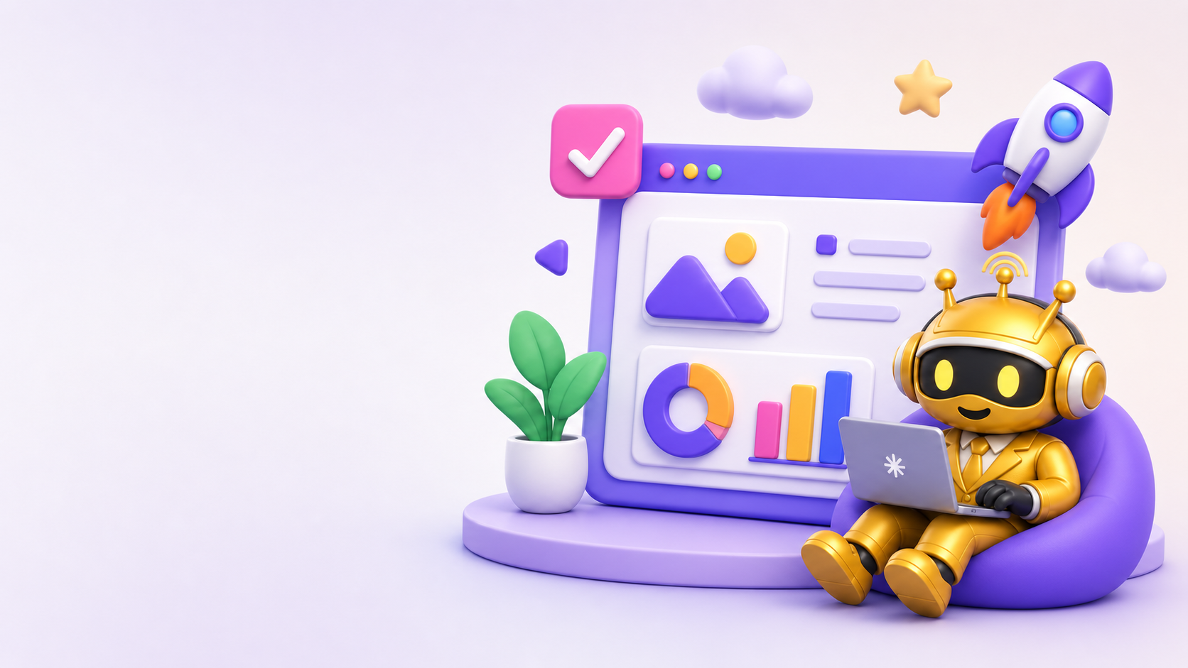 Dude, a friendly 3D robot assistant sitting with a laptop beside a workflow dashboard